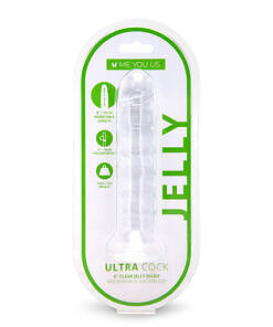 Me You Us Ultracock Clear Jelly 6 inch Dong with curved shaft and flared base on a white background