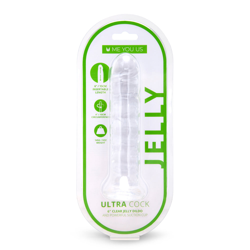 Me You Us Ultracock Clear Jelly 6 inch Dong with curved shaft and flared base on a white background