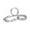 Prowler RED heavy duty ankle cuffs with polished stainless steel and leather straps on dark bench