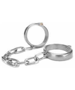 Prowler RED heavy duty ankle cuffs with polished stainless steel and leather straps on dark bench