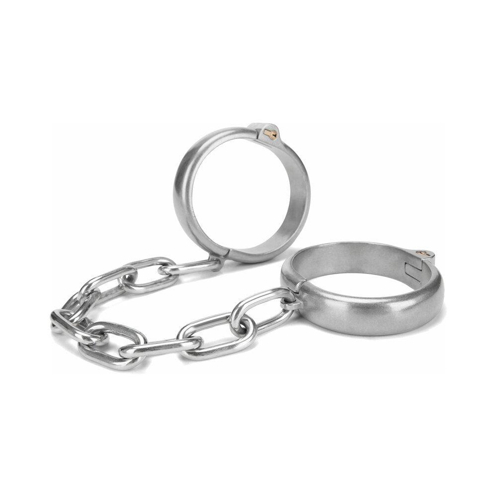 Prowler RED heavy duty ankle cuffs with polished stainless steel and leather straps on dark bench