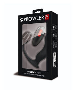 Prowler RED Prostate massager with sleek remote control on a dark textured background.
