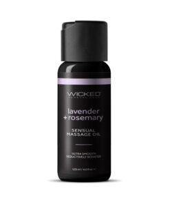 Wicked Lavender and Rosemary Massage Oil 4 oz bottle with natural lavender sprigs on a soft linen background.