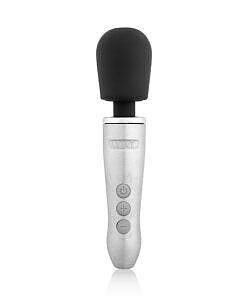 Doxy Go Travel-Sized Wand Massager in a sleek aluminum body with drawstring bag