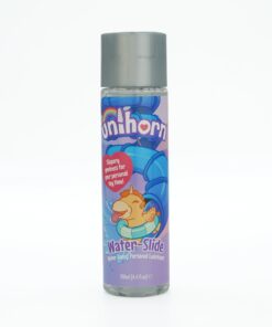 Unihorn Water Based Lubricant 4.4 fl oz bottle against a soft
