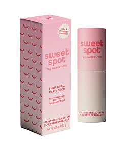 Sweetums Strawberries & Cream Fragrance bottle with pink mist
