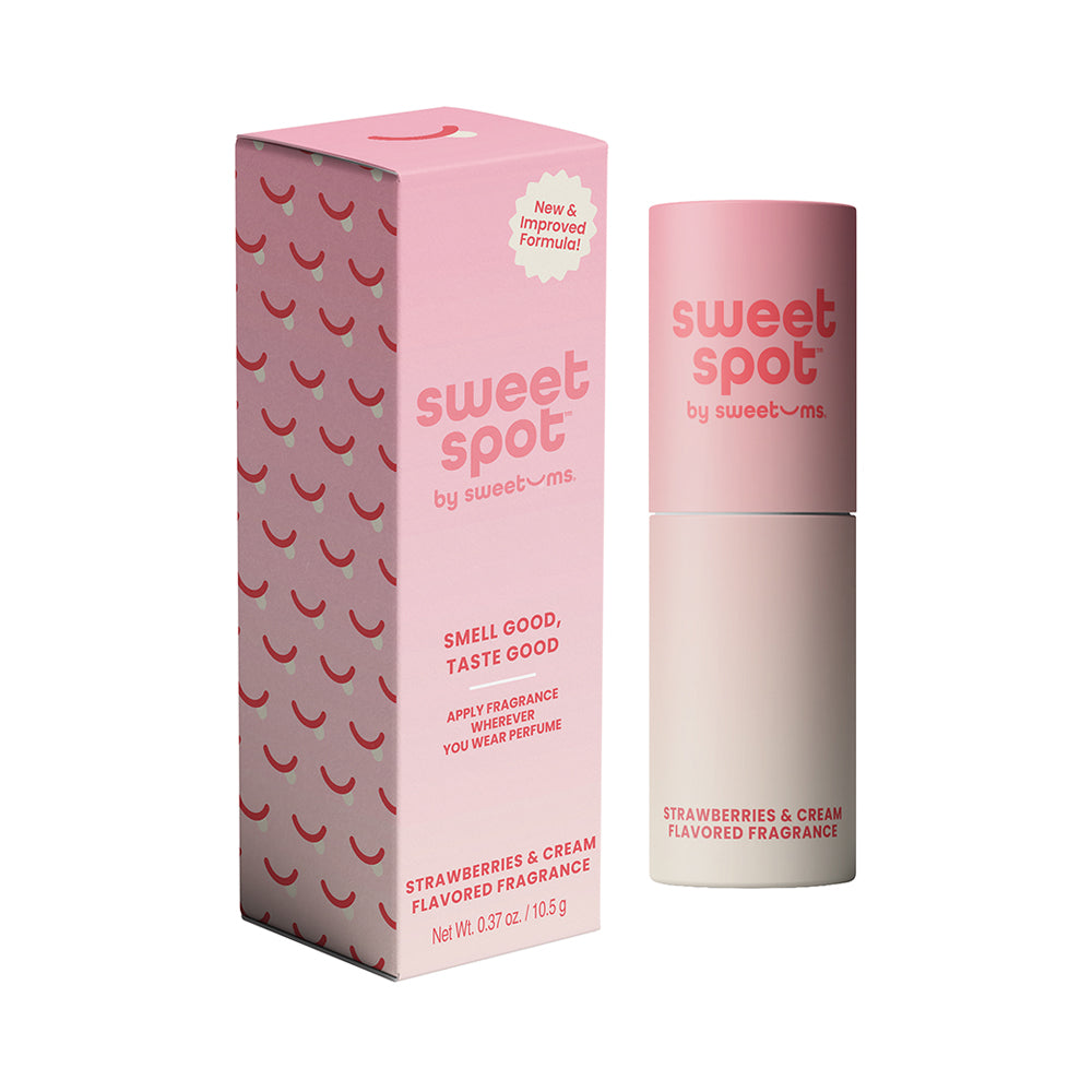 Sweetums Strawberries & Cream Fragrance bottle with pink mist