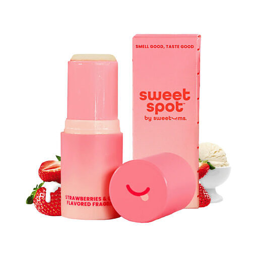 surrounded by fresh strawberries and cream swirl.