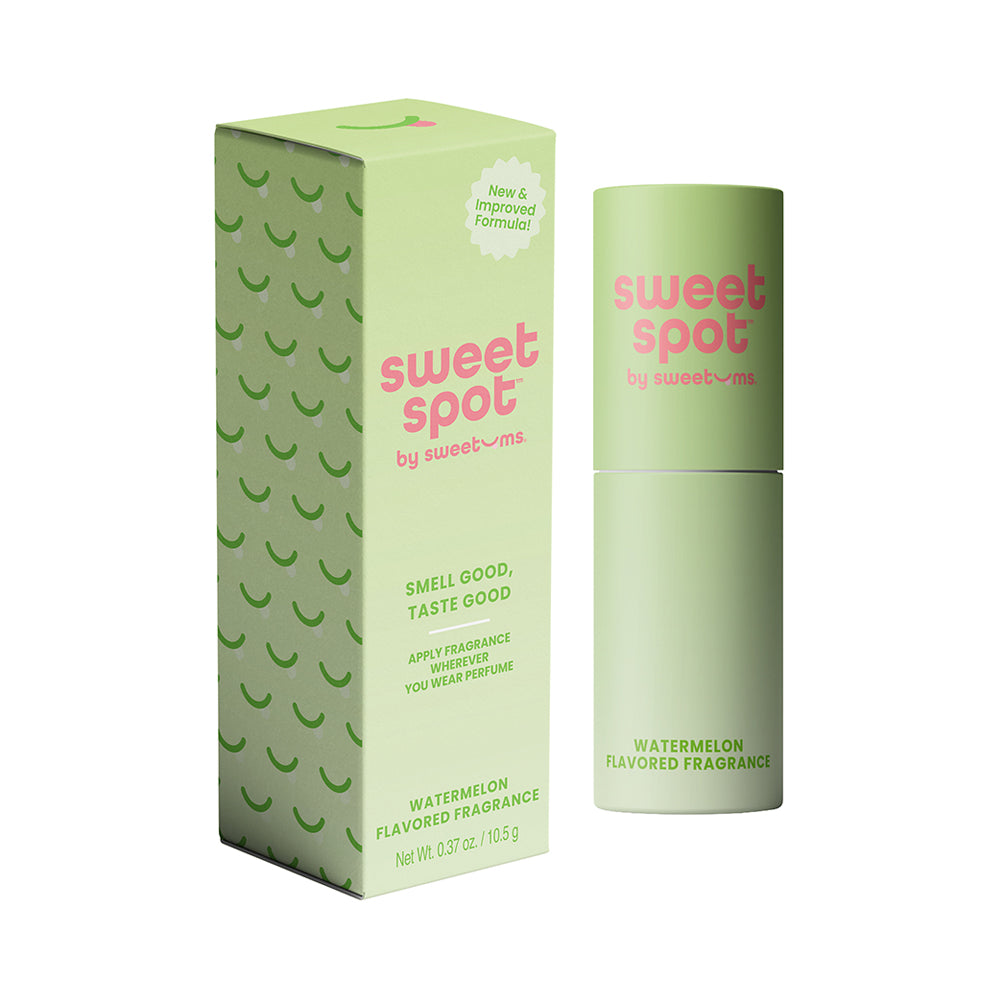 Sweetums Sweet Spot Flavored Fragrance Watermelon bottle with bright pink and green design
