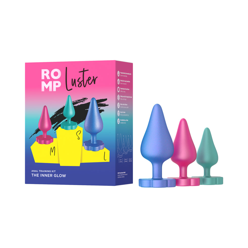 Three graduated ROMP Luster anal plugs in rose pink