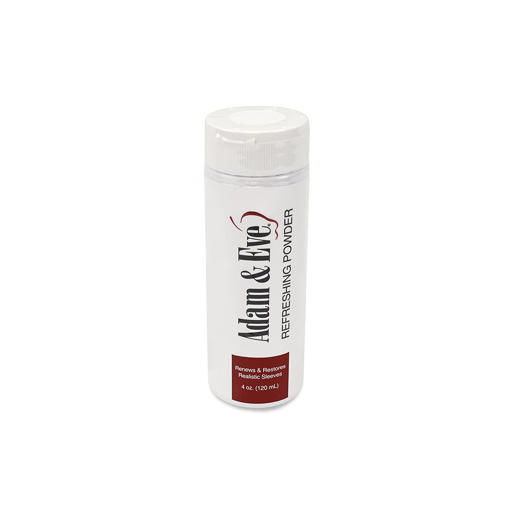 Adam & Eve Renewing Powder 4 oz. package beside a lifelike toy