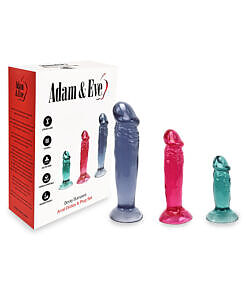 Adam & Eve Booty Bumpers Dildo & Plug Kit anal training set with three smooth silicone toys in graduated sizes on a white background.