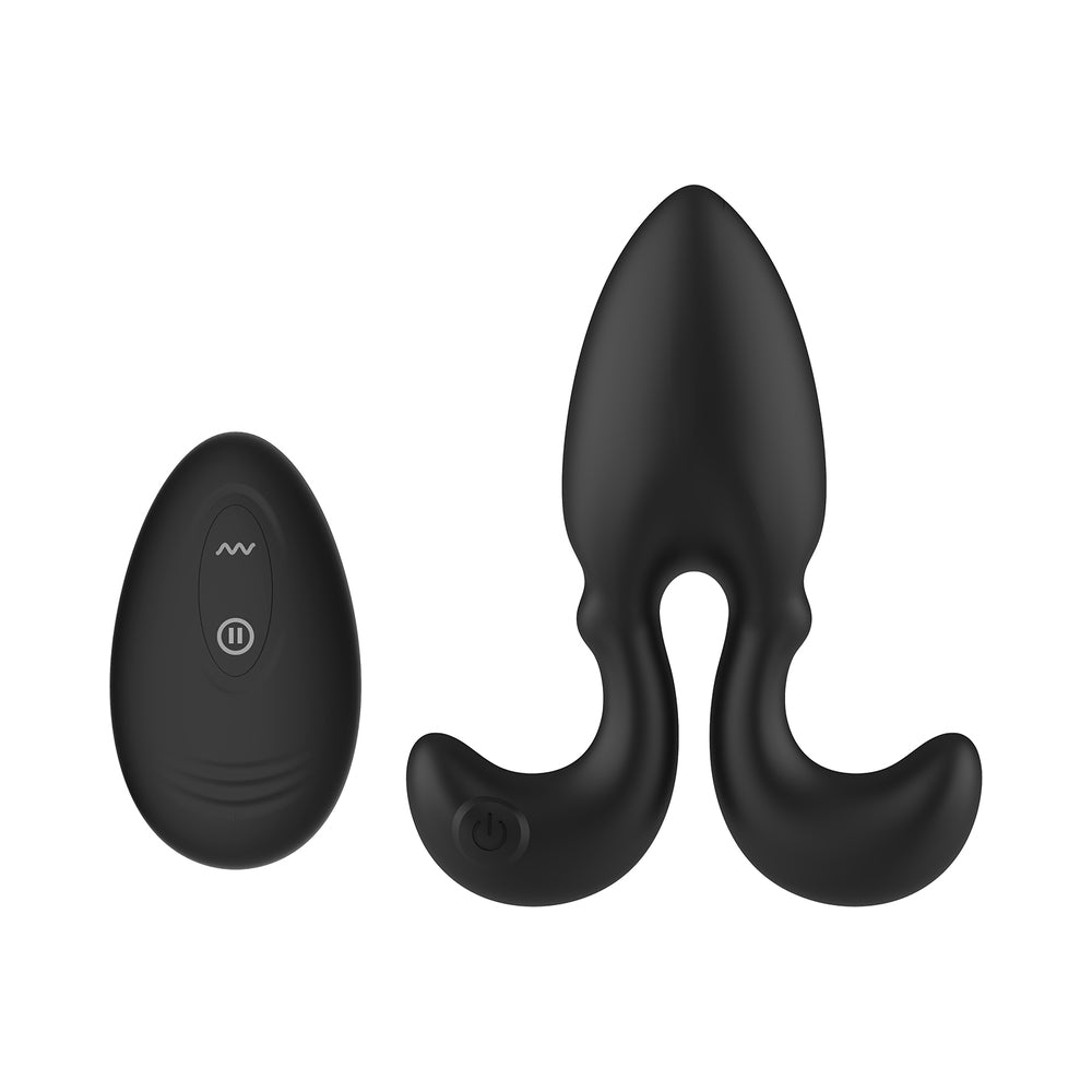 Adam & Eve Omega Vibrating Plug with smooth tapered tip and textured ridges on a soft white background.