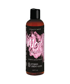 Intimate Earth Mojo Horny Goat Weed Hybrid Libido Glide bottle with pump on a nightstand