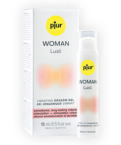 pjur Woman Lust Vibrating Orgasm Gel 15ml bottle with clear gel and purple label against a satin sheet background.