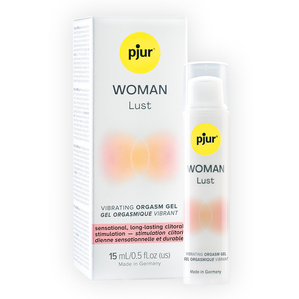 pjur Woman Lust Vibrating Orgasm Gel 15ml bottle with clear gel and purple label against a satin sheet background.
