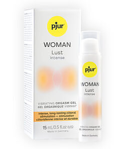 pjur Woman Lust Vibrating Orgasm Gel 15ml bottle dripping clear gel on purple background