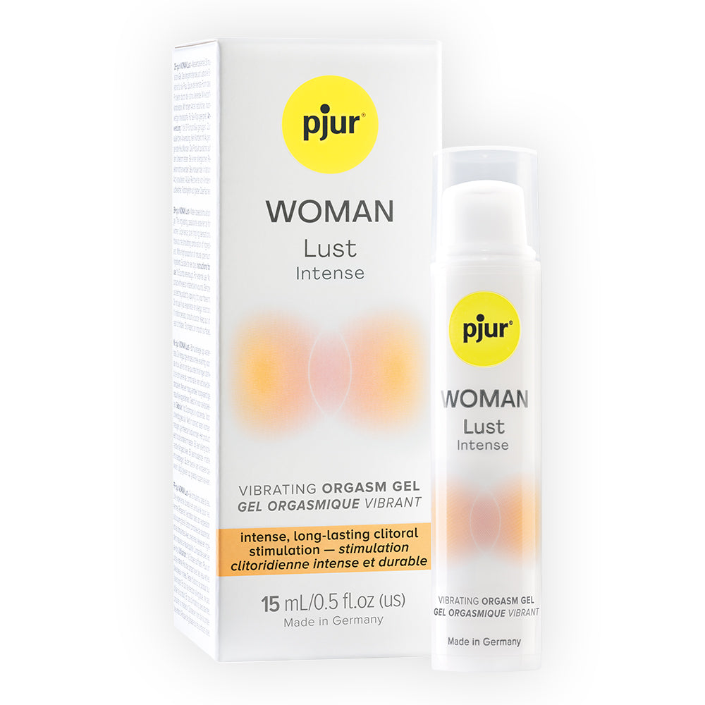 pjur Woman Lust Vibrating Orgasm Gel 15ml bottle dripping clear gel on purple background