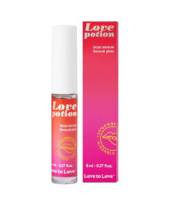 Coconut flavored Love Potion Sensual Gloss tube with red and gold packaging on a white background.