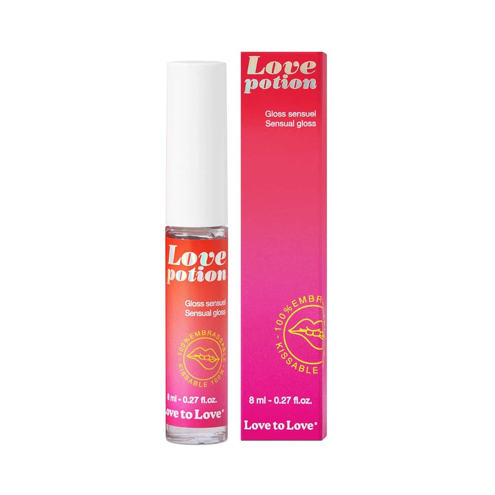 Coconut flavored Love Potion Sensual Gloss tube with red and gold packaging on a white background.