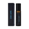 Rollerball bottle of Pure Instinct Pheromone Perfume Oil Escape with amber liquid and sleek black cap on a white background.