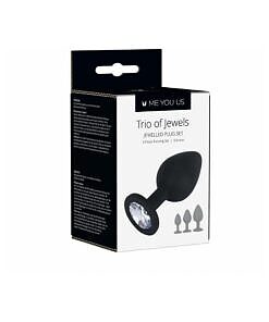 Me You Us Trio of Jewels 3-Piece Training Plug Set Black - Three silicone jeweled anal plugs with tapered tips on white.