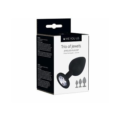 Me You Us Trio of Jewels 3-Piece Training Plug Set Black - Three silicone jeweled anal plugs with tapered tips on white.