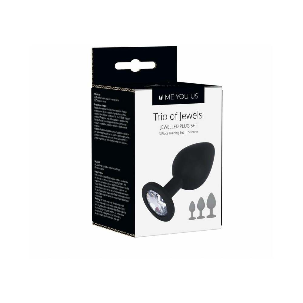 Me You Us Trio of Jewels 3-Piece Training Plug Set Black - Three silicone jeweled anal plugs with tapered tips on white.