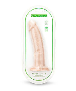 Me You Us Ultra Cock 9 inch realistic dildo in vanilla shade with lifelike veins and bulbous head on white background.
