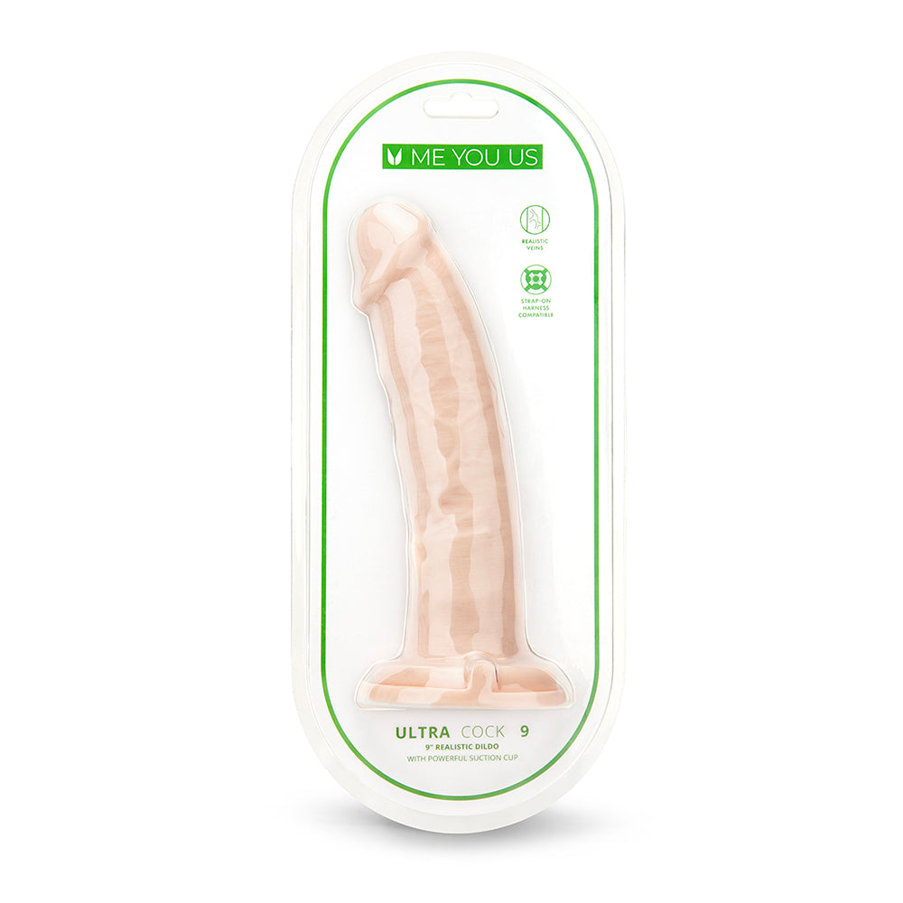 Me You Us Ultra Cock 9 inch realistic dildo in vanilla shade with lifelike veins and bulbous head on white background.
