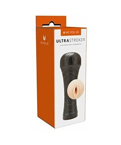 Me You Us Ultra Stroker Vagina 2 Vanilla with vanilla-scented TPE sleeve and dark grip case on white background.