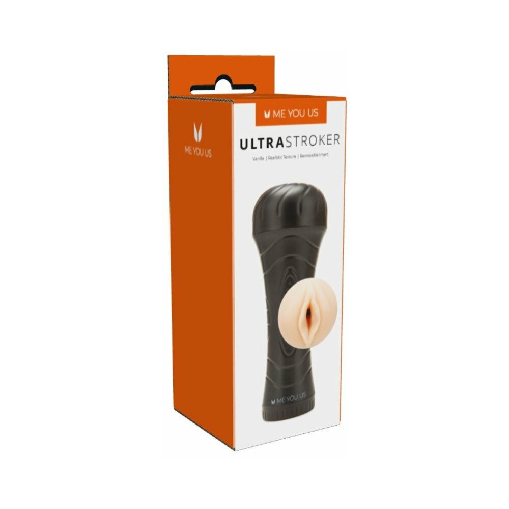 Me You Us Ultra Stroker Vagina 2 Vanilla with vanilla-scented TPE sleeve and dark grip case on white background.