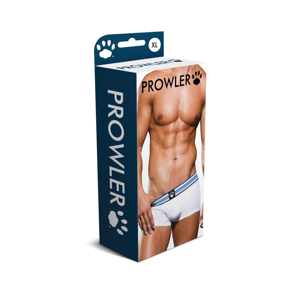 Prowler Trunk White/Blue XL swim trunk flat on white surface