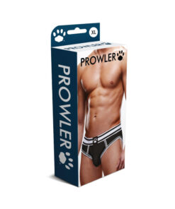 Prowler Open Brief Black/White XL shown in a flat lay perspective highlighting the contrast waistband and open back design.