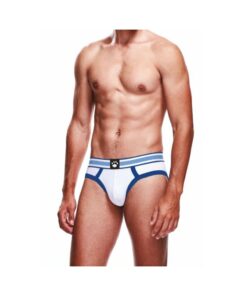 front view showing white fabric with blue logo waistband and contrast stitching.