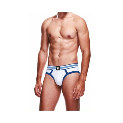 front view showing white fabric with blue logo waistband and contrast stitching.