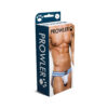 Prowler Jock Strap White/Blue L front view showing white cotton pouch and blue elastic waistband with Prowler logo.