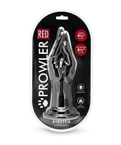 Prowler RED Stretch Fisting Dildo Black with textured veins and suction cup base on a dark background.