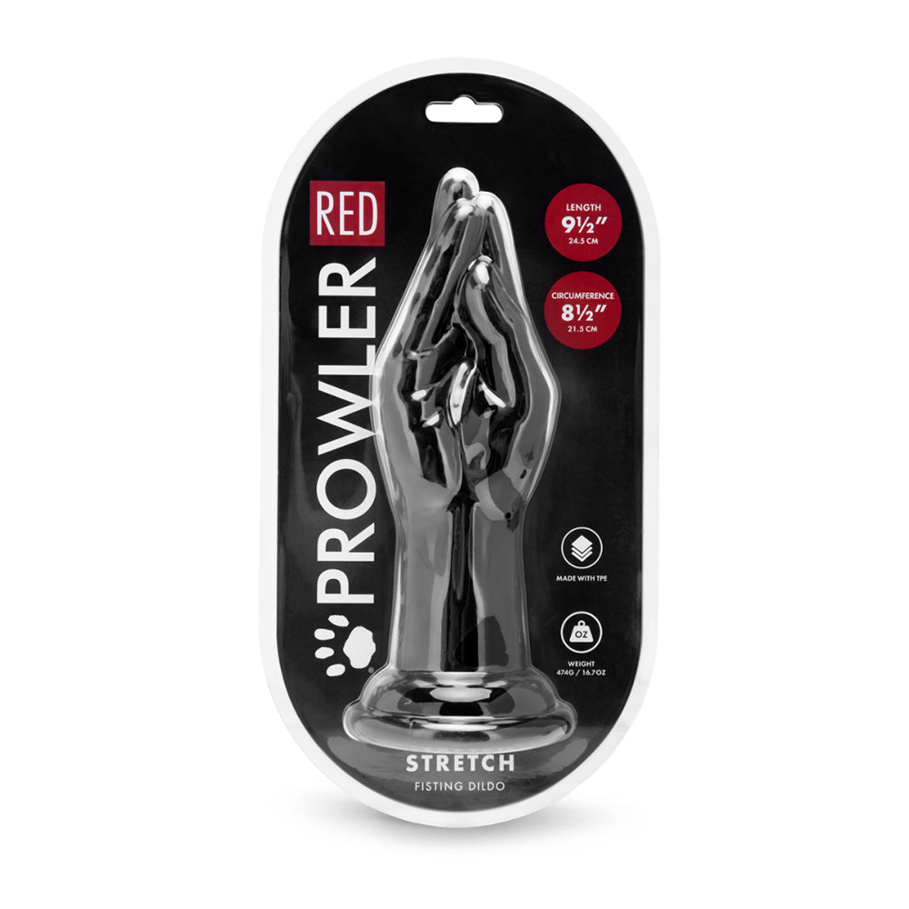 Prowler RED Stretch Fisting Dildo Black with textured veins and suction cup base on a dark background.