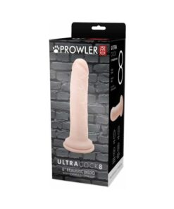 Prowler RED Ultra Cock 8 inch realistic dildo vanilla lying on satin sheets