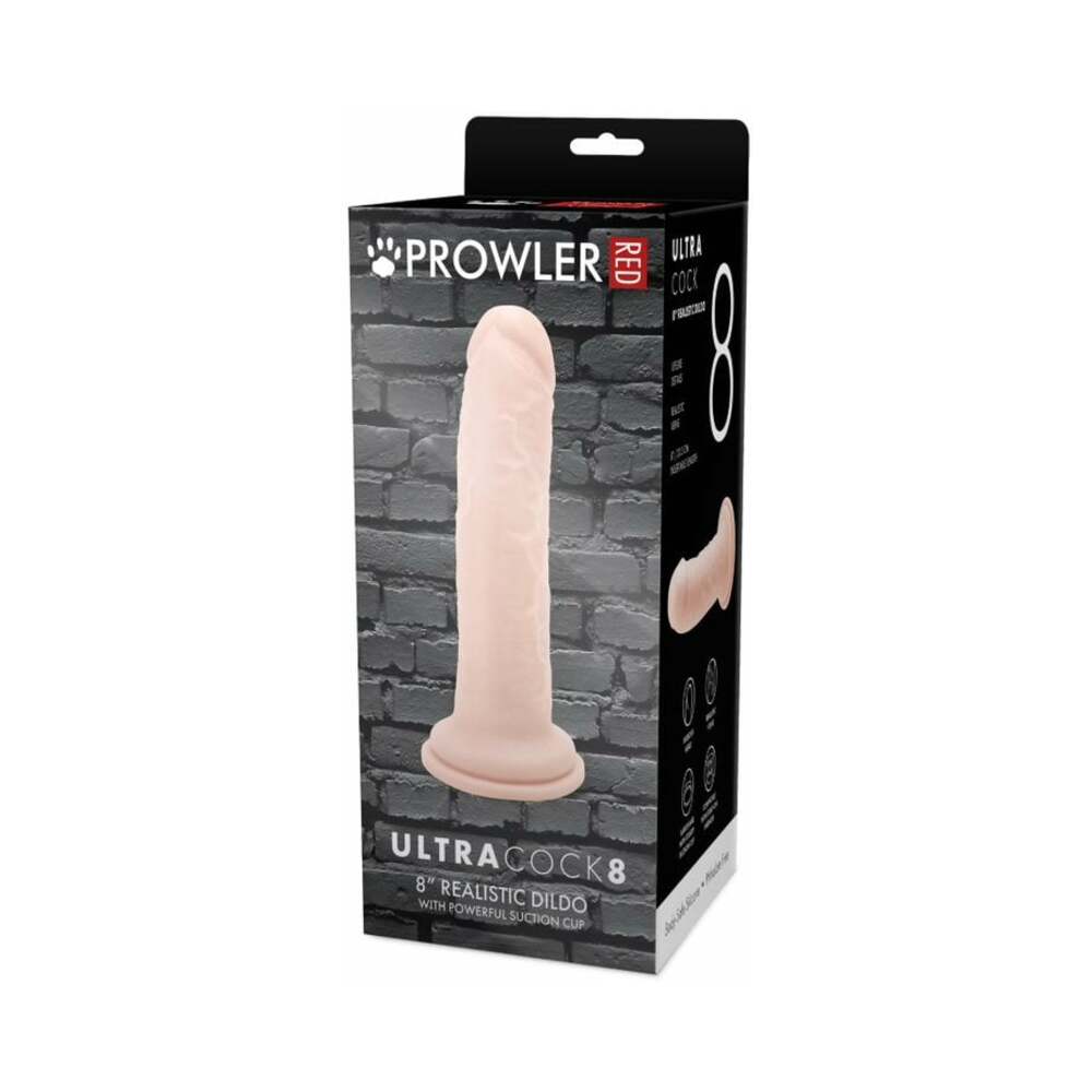 Prowler RED Ultra Cock 8 inch realistic dildo vanilla lying on satin sheets
