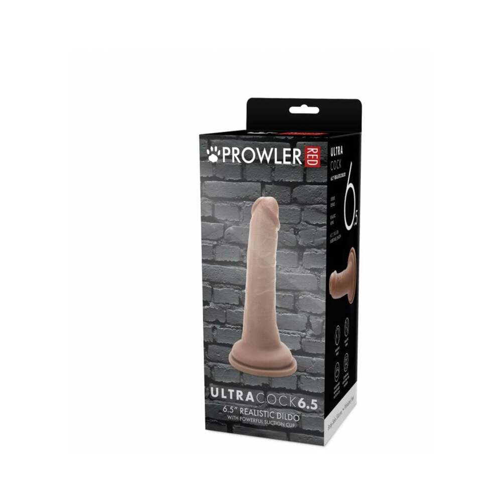 Prowler RED Ultra Cock realistic dildo in warm caramel tone with textured veins and suction cup base shown on flat surface