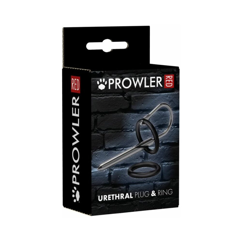 Prowler RED Urethral Plug & Ring stainless steel toy displayed on a dark background with polished finish.