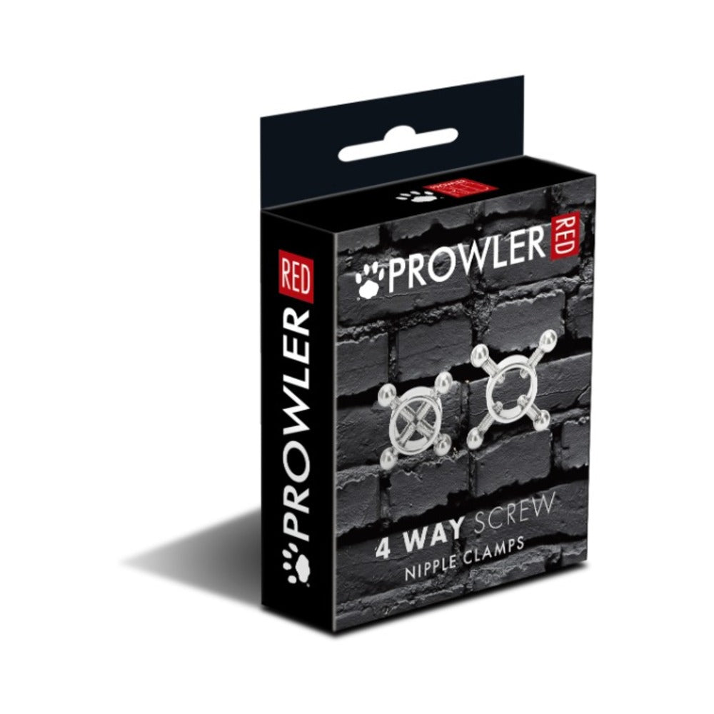 Prowler RED 4 Way Screw Nipple Clamp Set arranged on a black satin surface