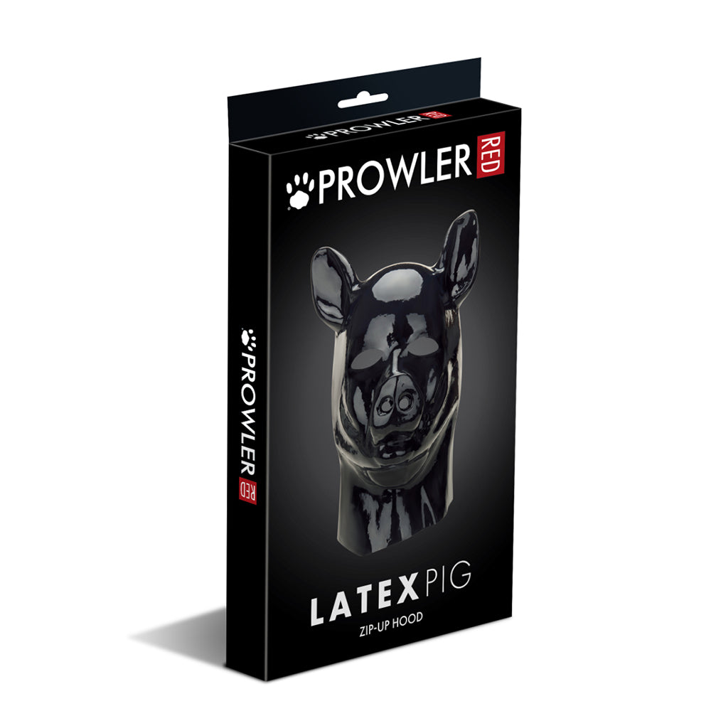 Prowler RED latex pig hood with molded snout detail displayed on a plain background showing eye openings and rubber texture