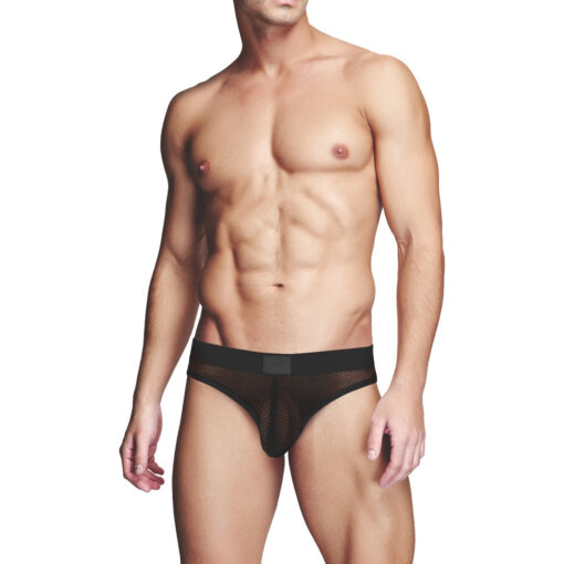 highlighting the fully open-cut design in black fishnet fabric.