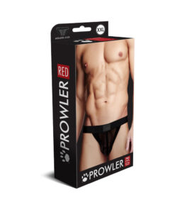 Prowler RED Fishnet Assless Jock Strap Black 2XL viewed from front showing stretch fishnet mesh and elastic logo waistband.