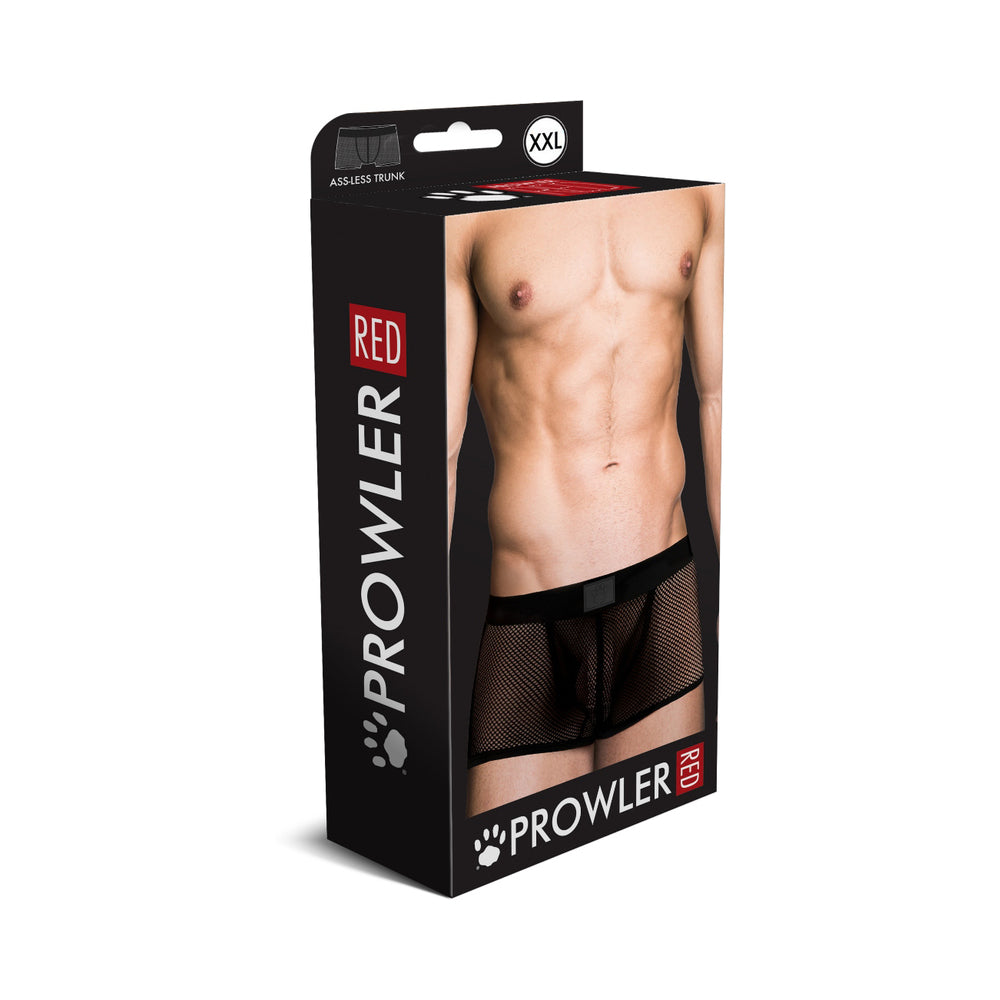 Prowler RED Fishnet Assless Trunk Black 2XL lying flat against a dark background