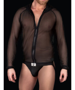revealing texture of sheer mesh fabric and relaxed silhouette.