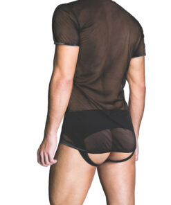 fitted silhouette and visible stitching against a dark studio background.